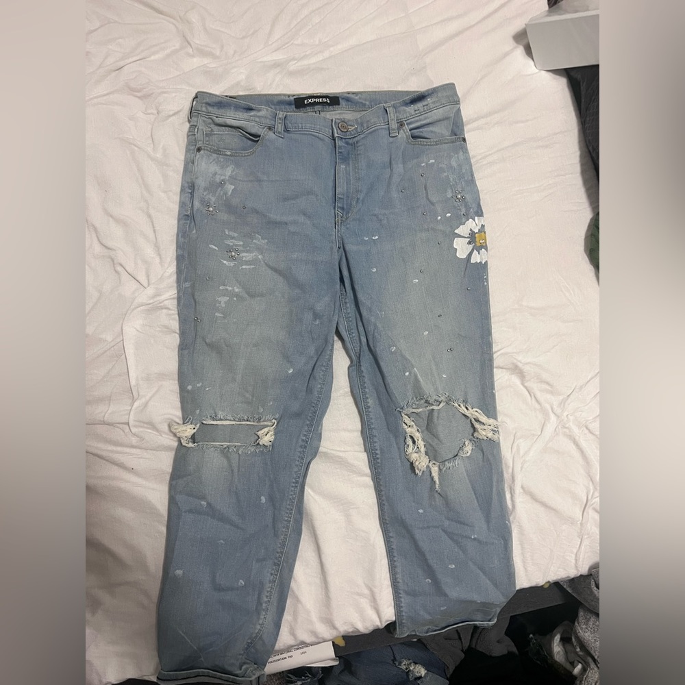 Express Light Washed Jeans With Flowers & Rhinestones